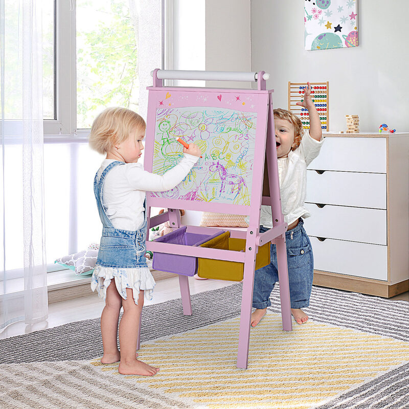 3 In 1 Kids Wooden Art Easel With Paper Roll, Double-Sided, Chalkboard & Whiteboard, Storage Baskets