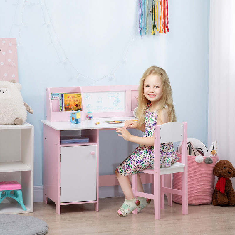 Toddler Table And Chair Set, Kids Writing Desk Homework Table With Whiteboard, Storage Cabinet, Pink
