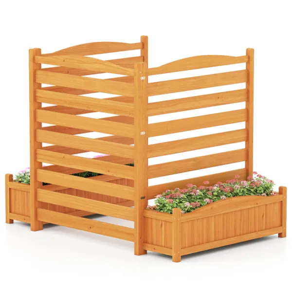 No-Dig Fir Wood Privacy Fence With Planter Boxes, 3-Panel AC Unit Screen For Outdoor Trash/Pool Equi