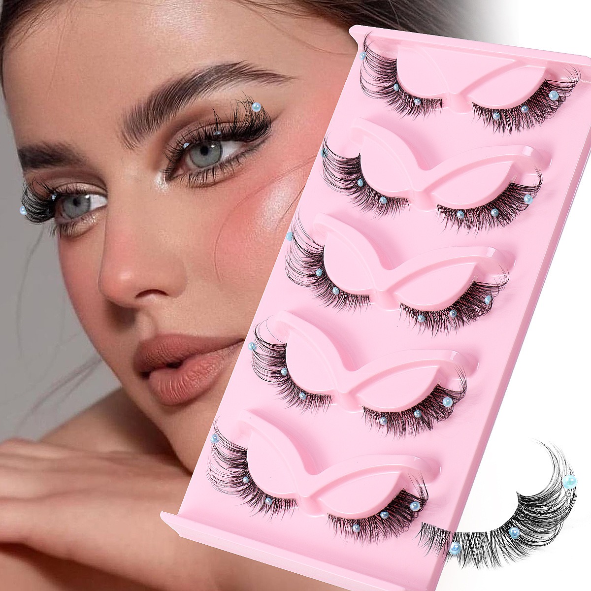 5 Pairs False Lashes Eyelashes Extension Cluster, Clear Band Corner Foxy Winged Cat Eye 3D Strip Las