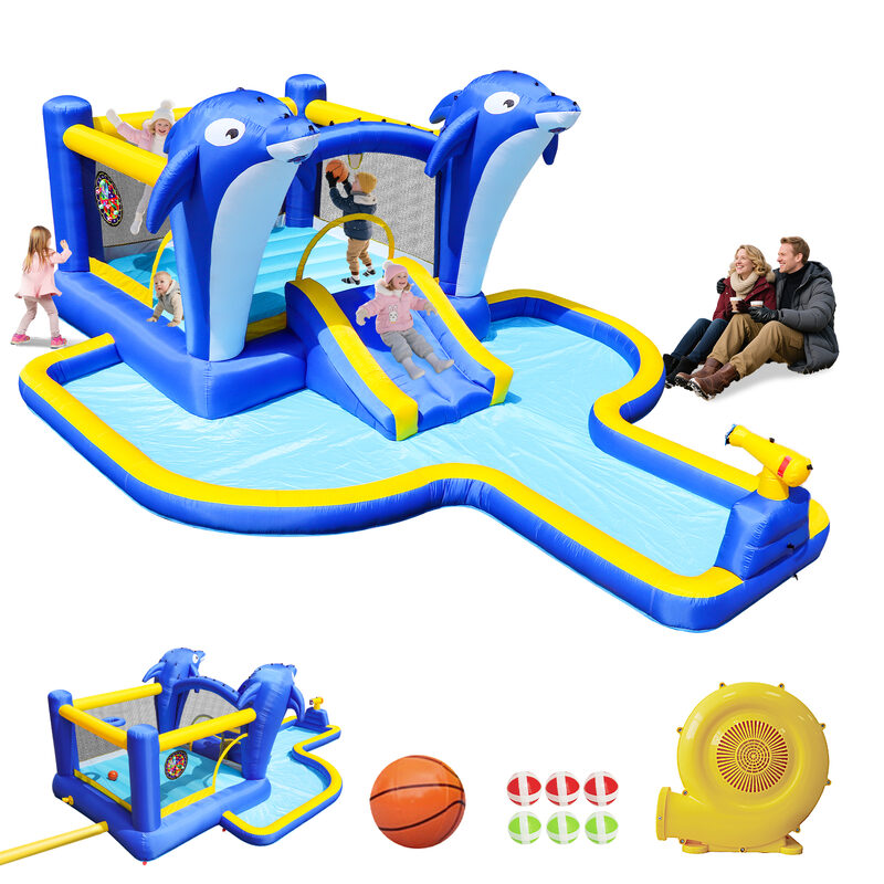 8 In1 Inflatable Slide Water Park Trampoline Bouncing House Outdoor Garden With Dolphin Sprinkler &