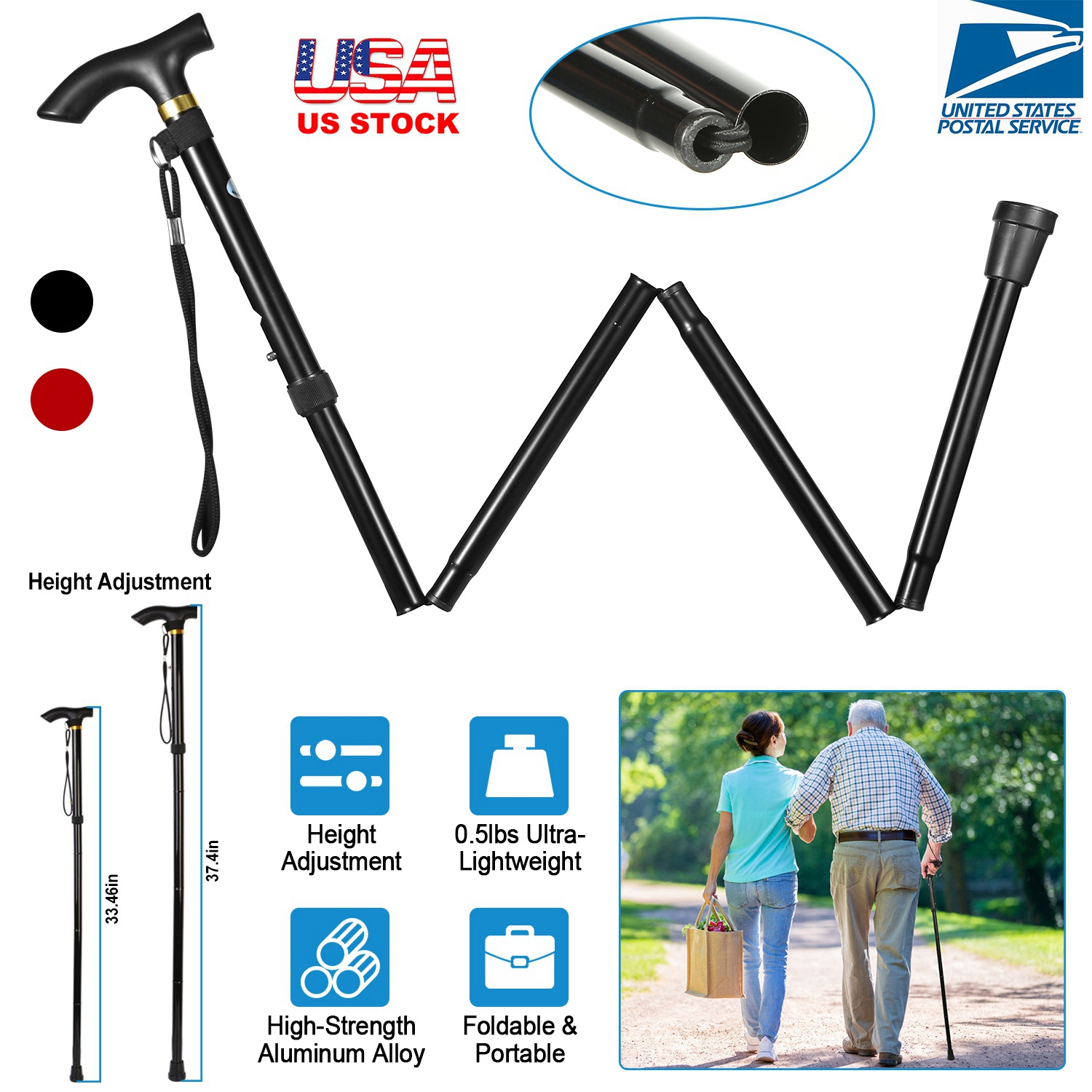 1Pc Walking Cane Aluminum Alloy Walking Stick Adjustable Folding Travel Hiking Stick Antislip