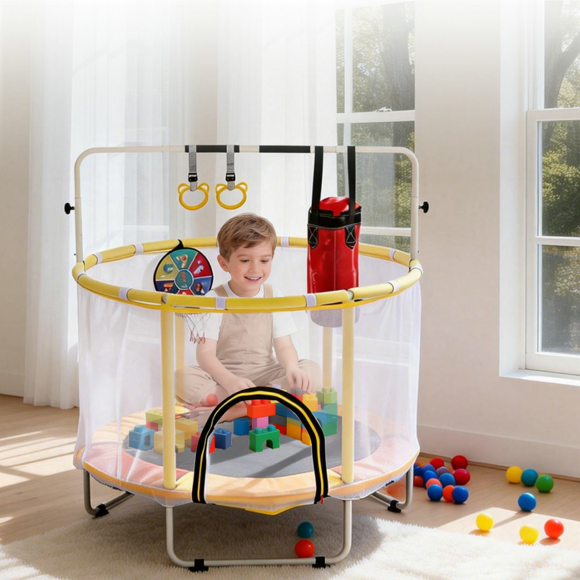 54 Inch Mini Indoor And OutdoorToddler Trampoline With Safety Net, Antislip Safe Design, Round Jump