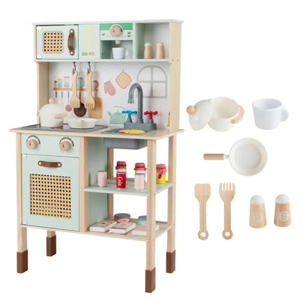 Green Wooden Children's Play Kitchen, Interactive Light&sound Stove, With Microwave&oven&blackboard
