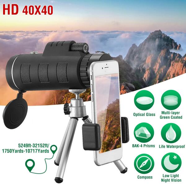 1Pc 40 Plus 40 HD Optical Monocular Telescope With FMC Lens Low Light Vision Scope Phone Holder Trip