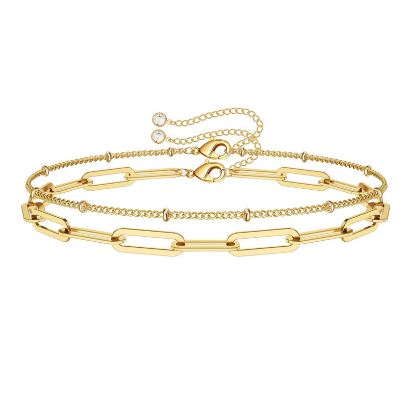Dainty Gold Bracelets For Women, 14K Gold Filled Adjustable Layered Bracelet Cute Evil Eye Oval Chai