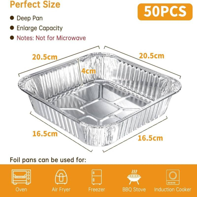 Foil Trays Bulk 50-Pack Heavy Duty Recyclable Aluminium Foil Trays 20.5x20.5cm Extra Strong Foil Bak