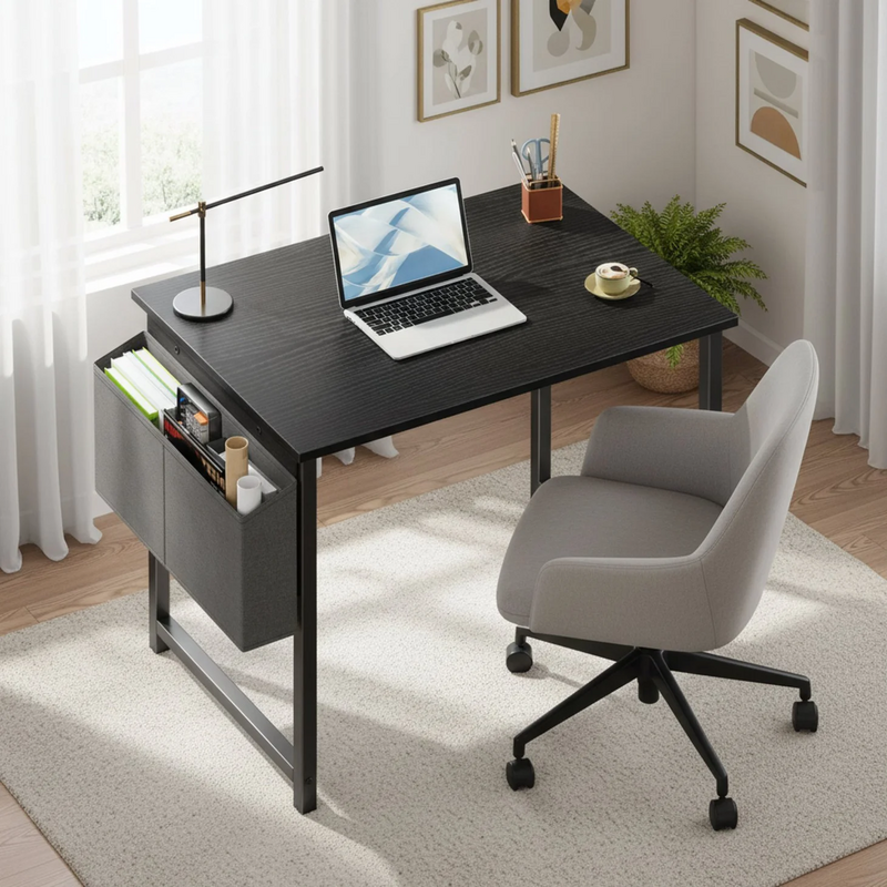 Small Office Desk For A Small Space, With Storage Bags And Hooks On The Computer Desk