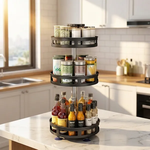 3-Tier Rotating Spice Rack Organizer – Carbon Steel 360° Metal Turntable, Multifunctional Kitchen Se