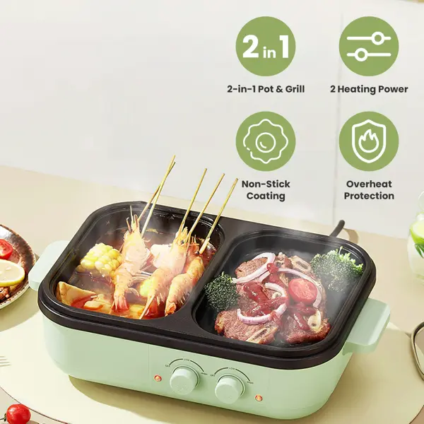 2-in-1 Electric Hot Pot & Grill Combo, Dual Separate Temperature Control,