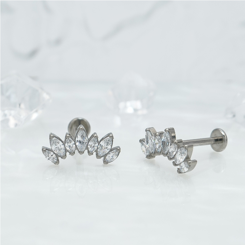 1 Pair Of Women's Earrings, 16 Gauge Implant Grade Titanium Internally Threaded Labret With Marquise