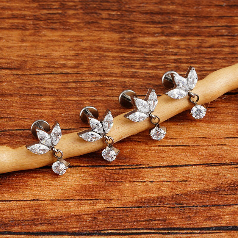 Right Grand Implant Grade Titanium 16G Triple Marquise CZ Internally Threaded Labret Monroe Lip Cart