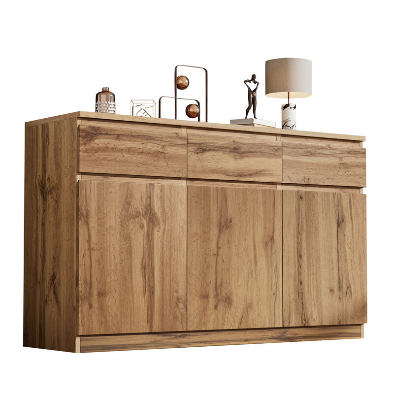 Oak Buffet Cabinet Storage Sideboard Farmhouse Server Bar Wine Cabinet With 3 Drawers & 3 Doors Adju