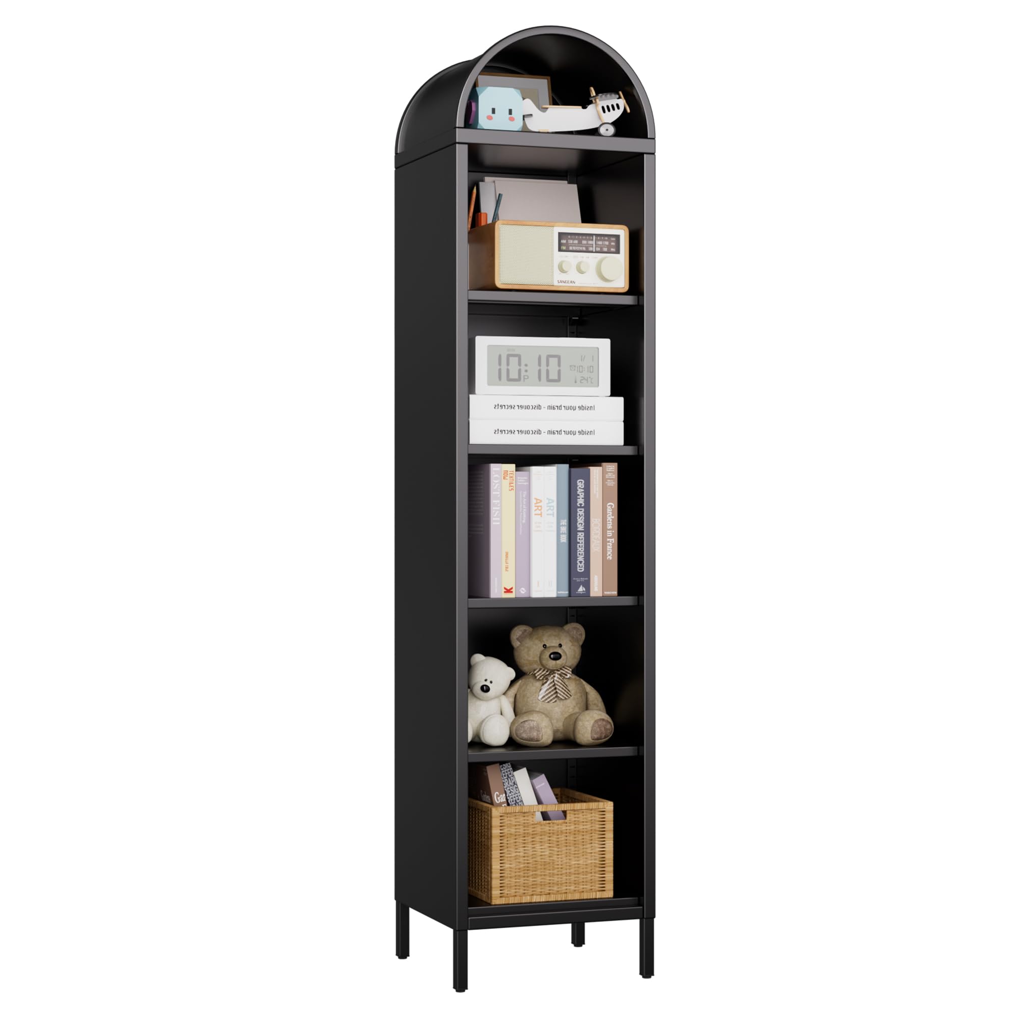 73''H Narrow Arched Bookshelf,6-Tier Metal Arch Bookcase,Freestanding Storage Organizer With 4 Shelv