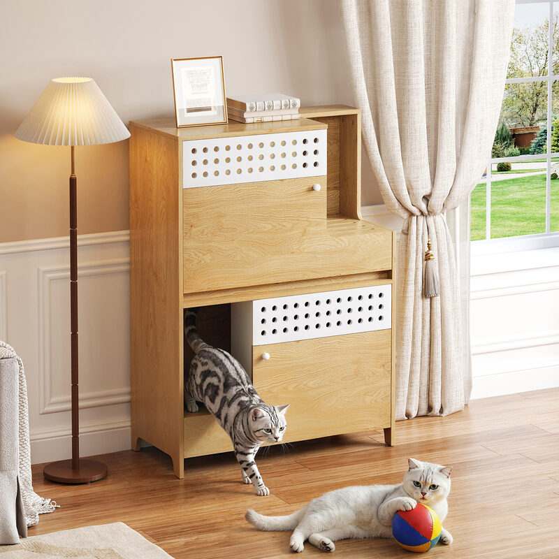 Modern 2 IN 1 Cat Furniture, Cat Litter Box Enclosure Side Table, Cat House With Storage, For 2 Smal
