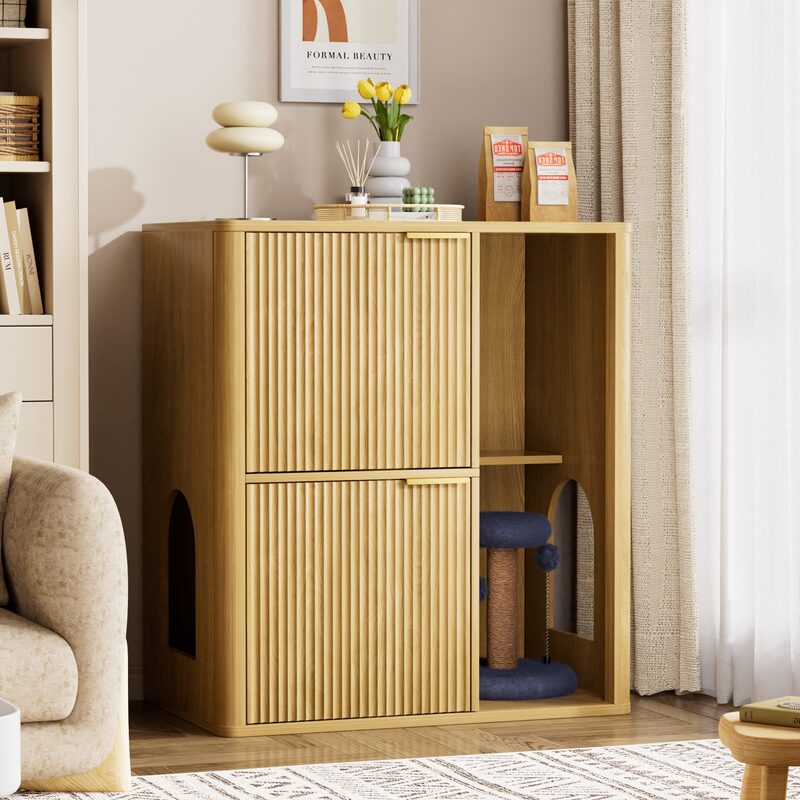 31.5-inch Light Wood Cat Litter Cabinet With Cat Tree - Grooved Concealed Litter Furniture Featuring