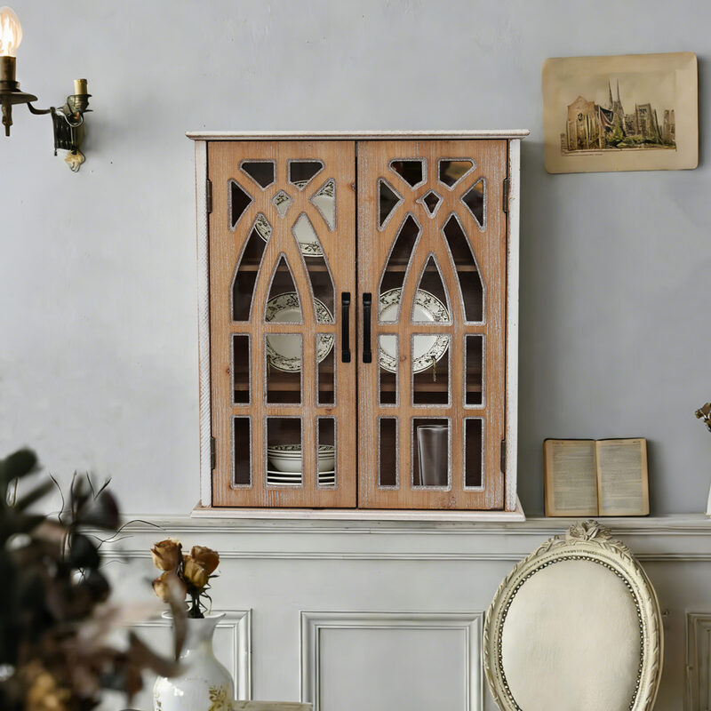 Vintage Wall-Mounted Cabinet With Decorative Cutout Doors, Rustic Wooden Hanging Storage Cabinet For