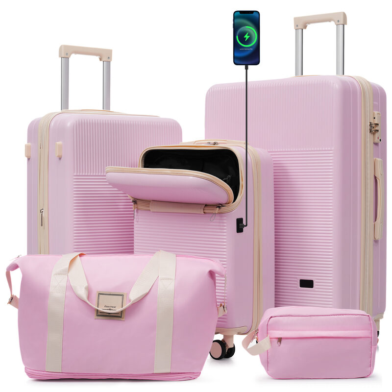 Luggage Sets 5 Piece With Half-opening, Hardside Carry On Suitcase Set With Double Spinner Wheel, Li