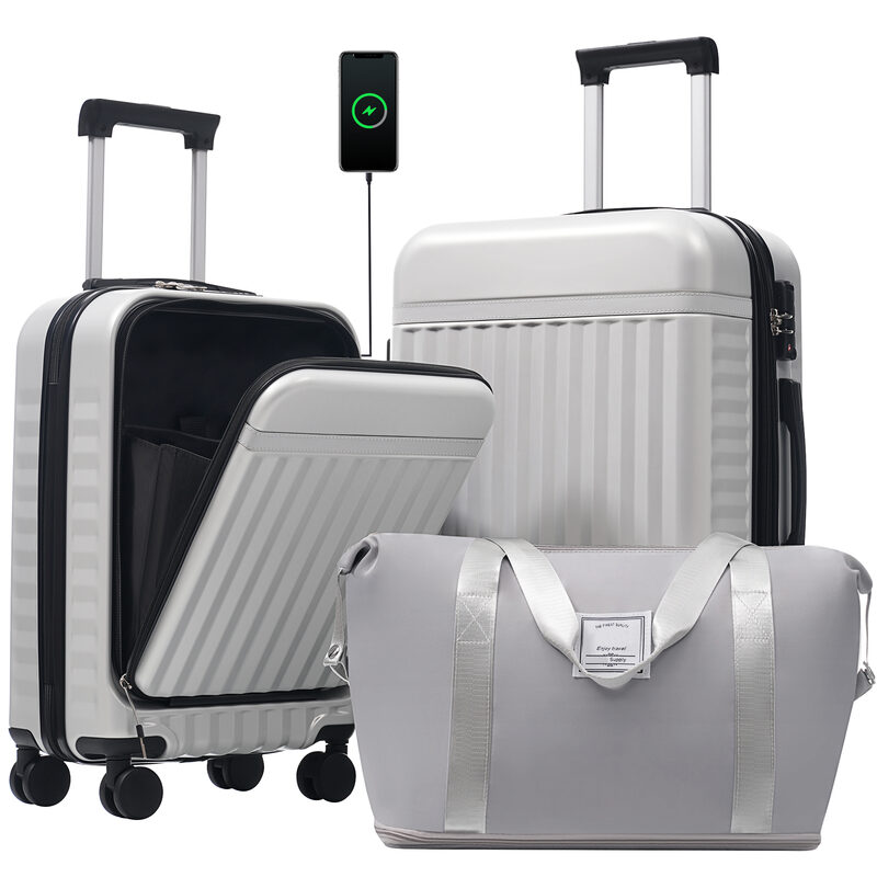 Front Opening Luggage Set 3 Piece, Hardside Carry On Suitcase With USB Port, Expandable Luggage With