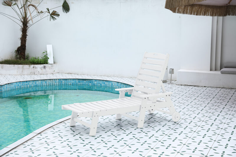 Lounge Chair Outdoor With Wood Texture, Oversized Chaise Lounge Chair With 5 Positions, HDPE, Patio