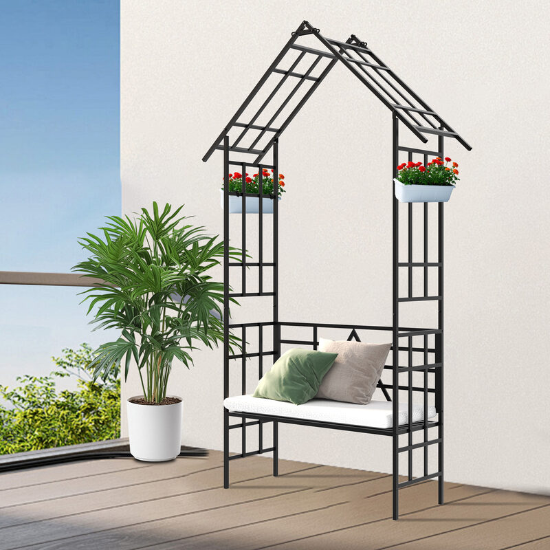 Metal Garden Arch With Bench Turned Into Flower Stand W58.07xH97.24 Climbing Plants Support Rose Arc