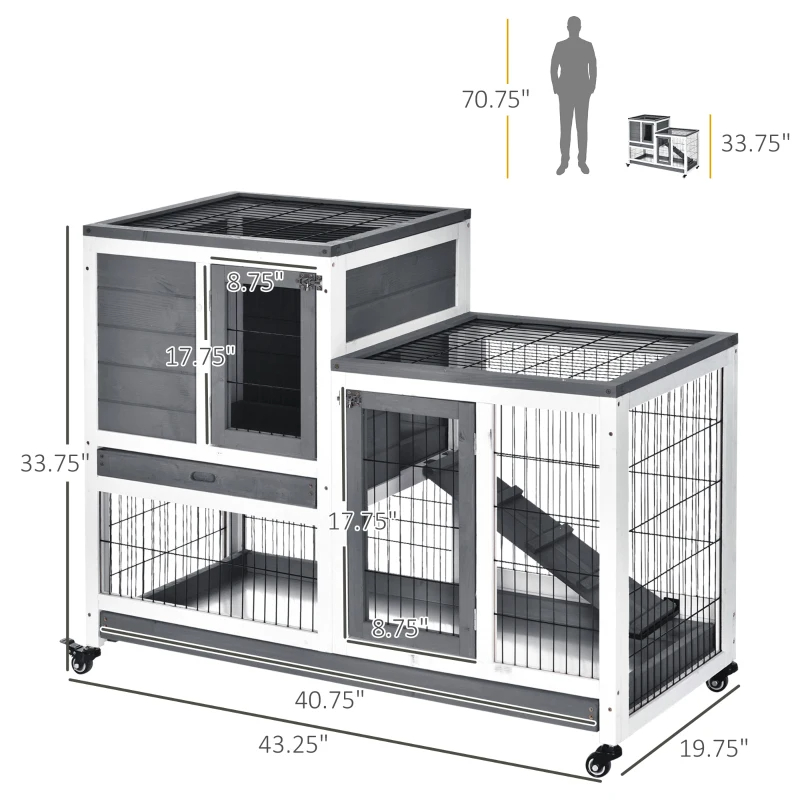 Wooden Rabbit Hutch Elevated Bunny Cage Indoor Small Animal Habitat With Enclosed Run With Wheels, R