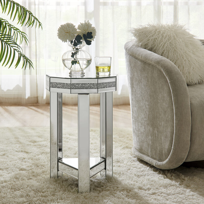 Mirrored Octagon End Table With Crystals Inlay, 2-Tier Modern Small Sofa Table