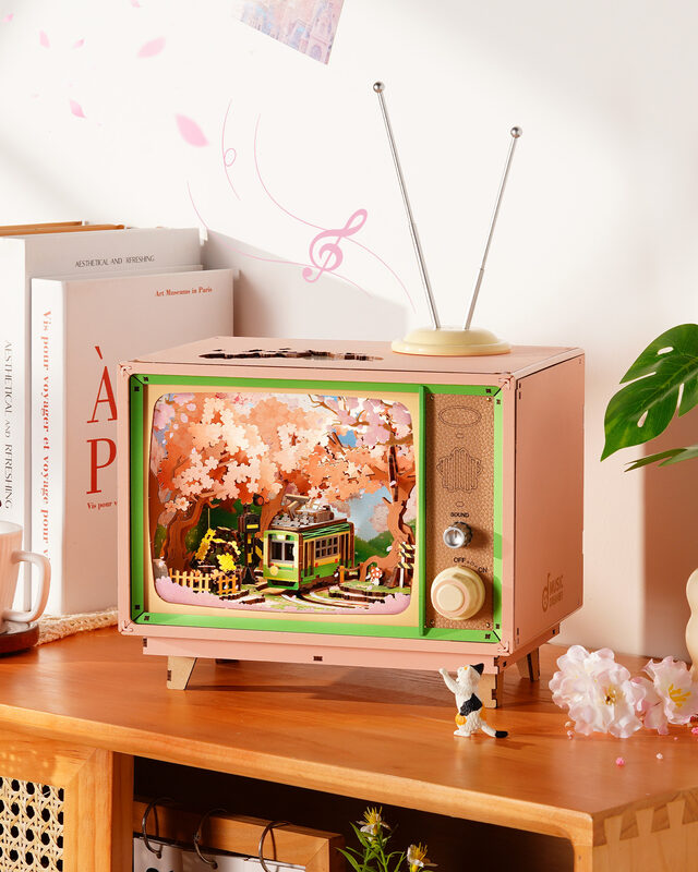 Rolife 3D Cherry Blossom Tram Model, 283-piece Wooden Anime-style 3D Puzzle Model With LED Lights An