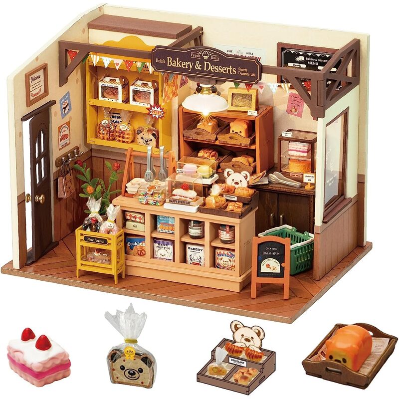 Rolife Mini Home DIY Assembly Model, Becca's Bakery, 3D Puzzle Toy, 256-piece Wooden Model With LED