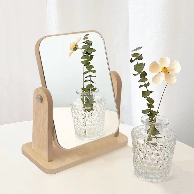 Vintage Wooden Rotating Makeup Mirror, 360 Swivel Large Desktop Vanity Mirror For Bedroom Dormitory