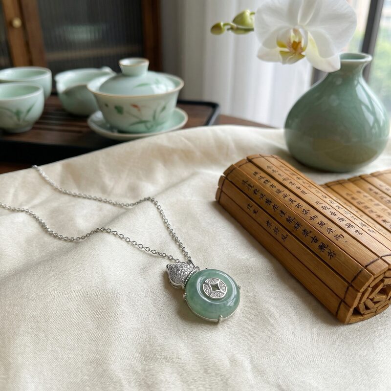 925 Sterling Silver Elegant Jadeite Calabash and Coin Pendant Necklace with Diamonds