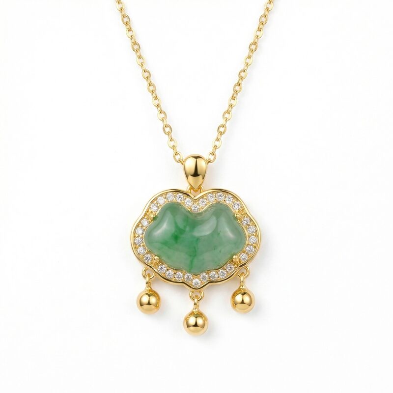 925 Sterling Silver Elegant Green Jadeite Ruyi Pendant Necklace Adorned with Radiant Diamonds and Ha