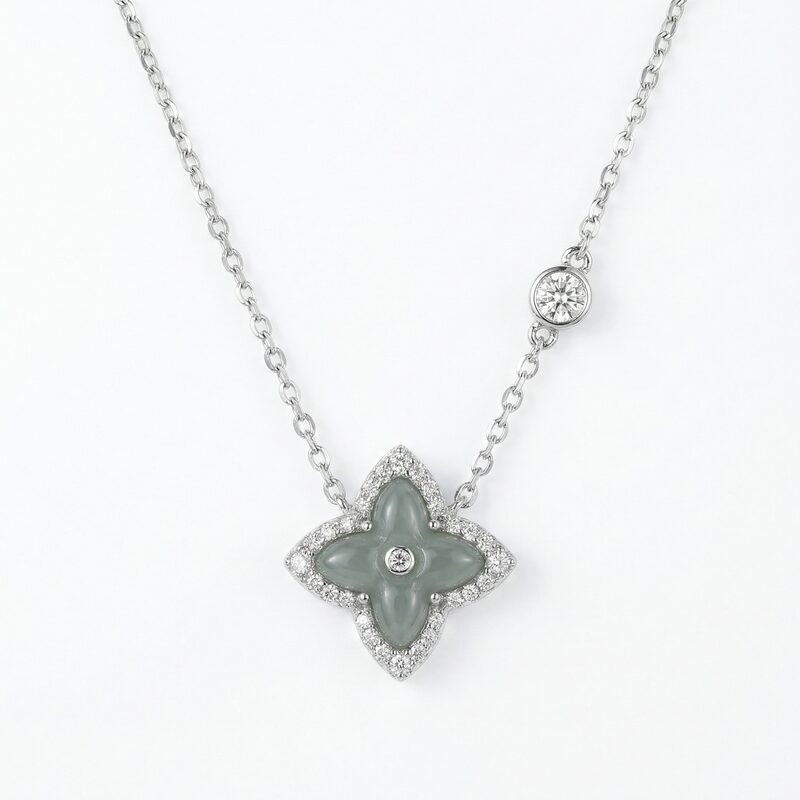 925 Sterling Silver Elegant Quatrefoil Grey Jade and Diamond Halo Pendant Necklace with Bezel-Set St