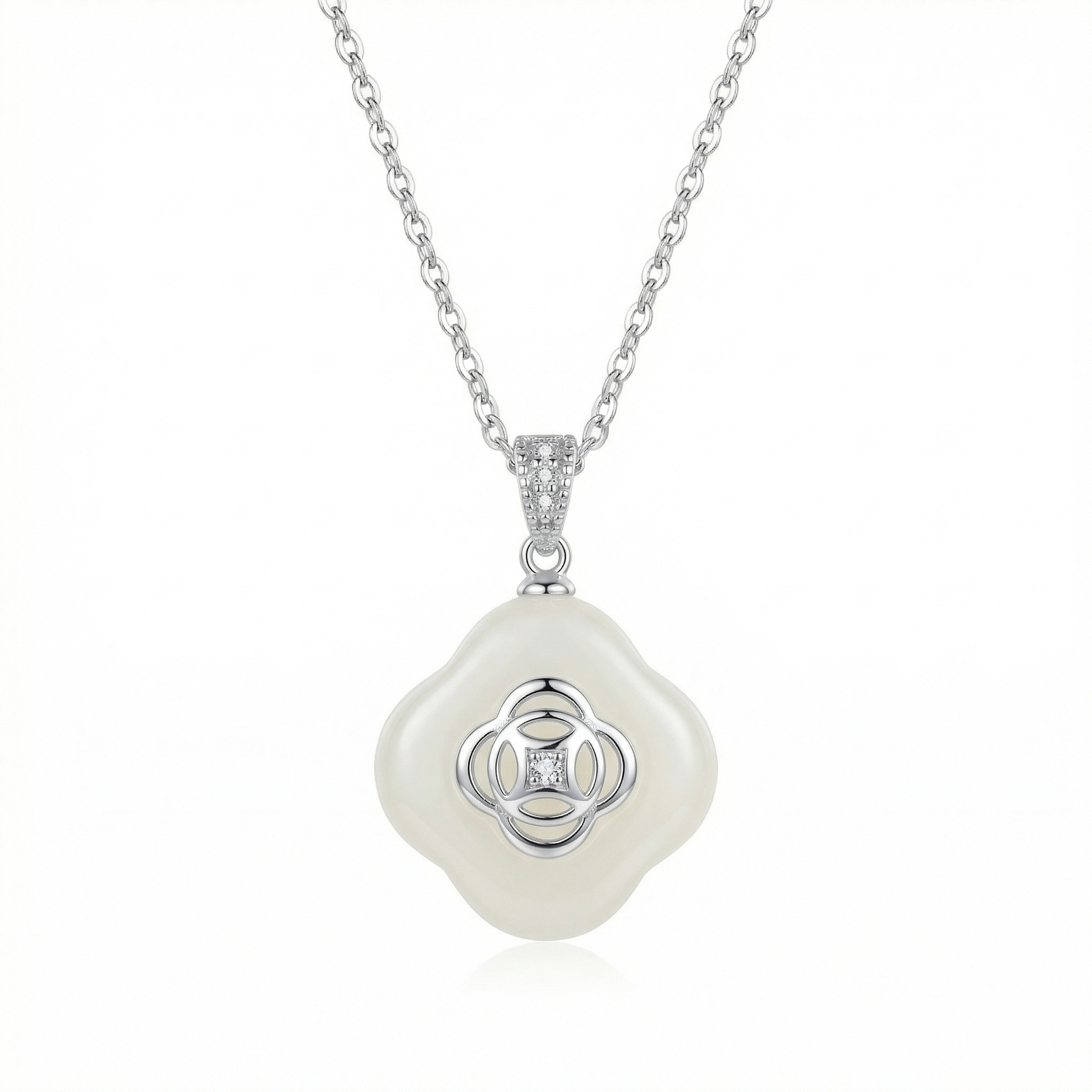 925 Sterling Silver Elegant White Jade Clover Pendant Necklace with Sparkling Accents