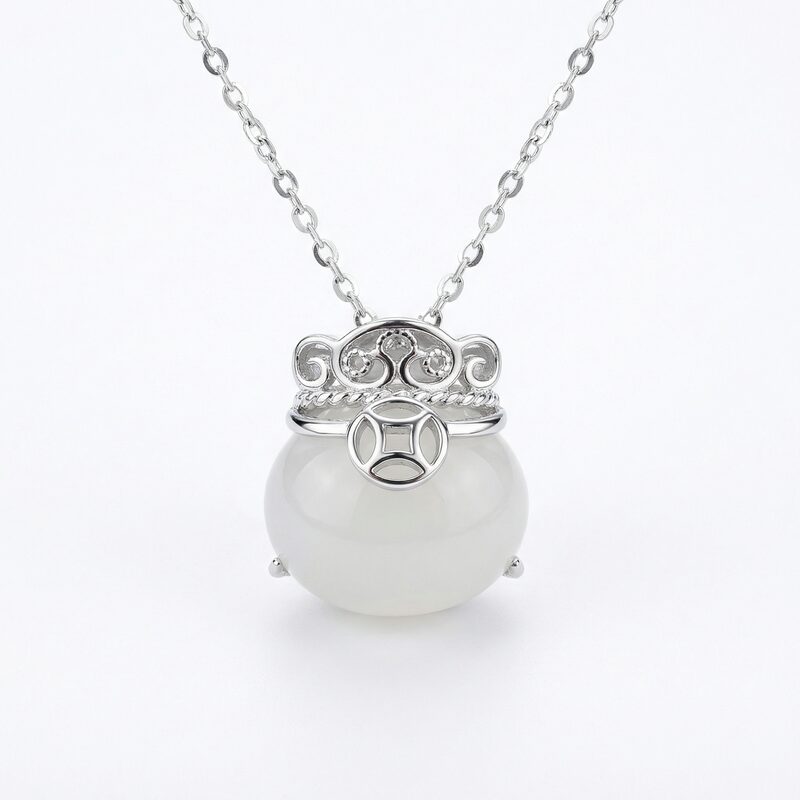 925 Sterling Silver Elegant Silver Necklace Featuring a Translucent White Bead Pendant with Traditio
