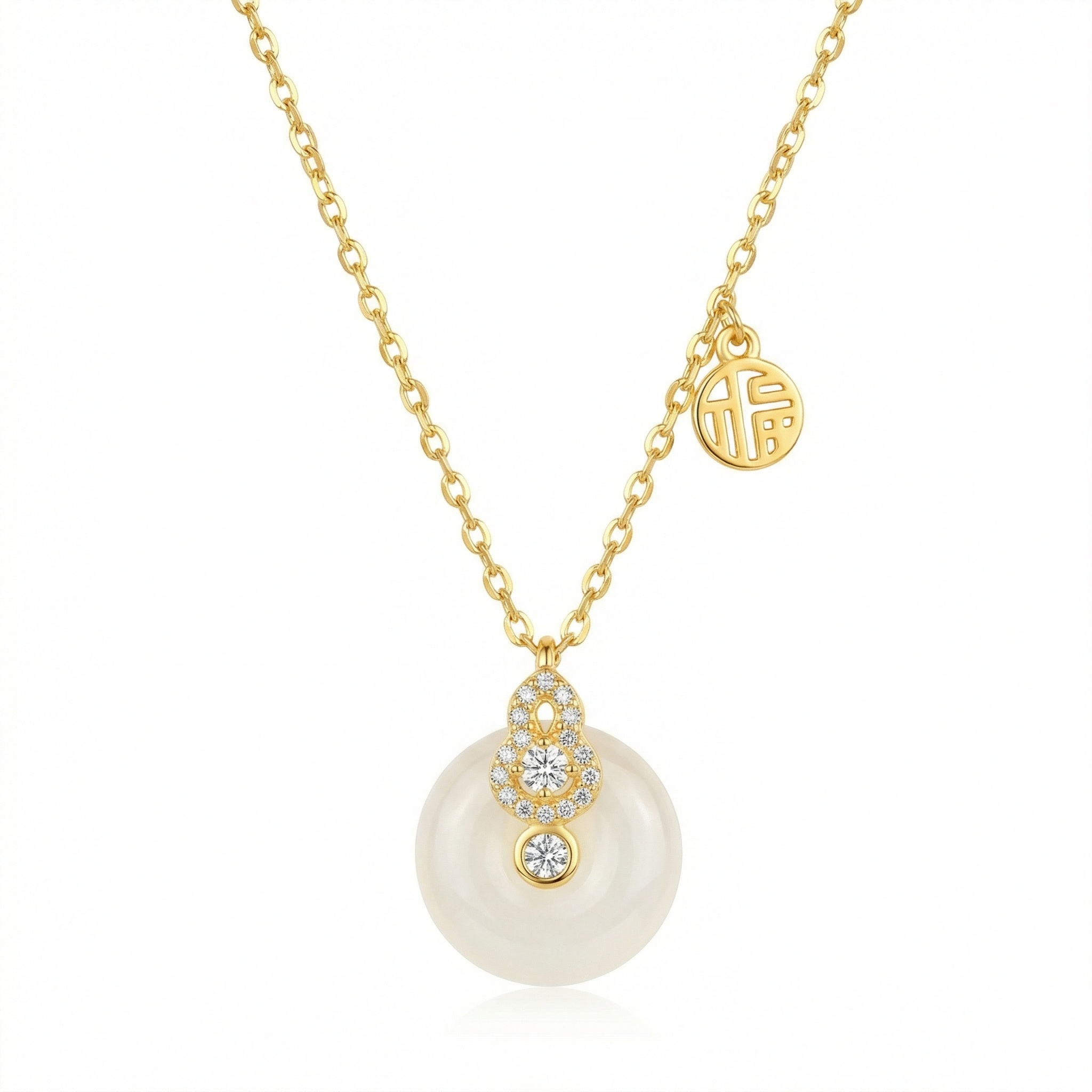 925 Sterling Silver Radiant White Stone Pendant Necklace Featuring Auspicious Gourd Motif and Fortun