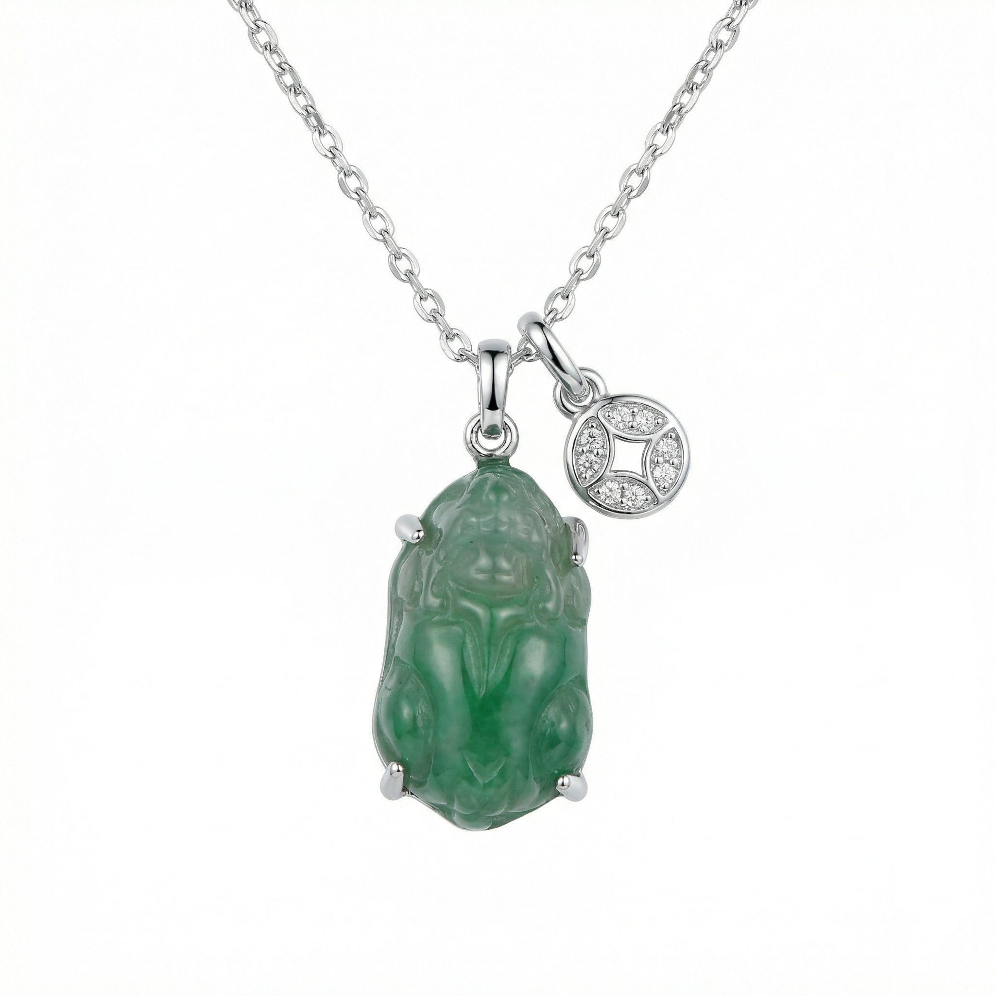 925 Sterling Silver Green Jadeite Pixiu Pendant Necklace with Sparkling Silver Coin Charm