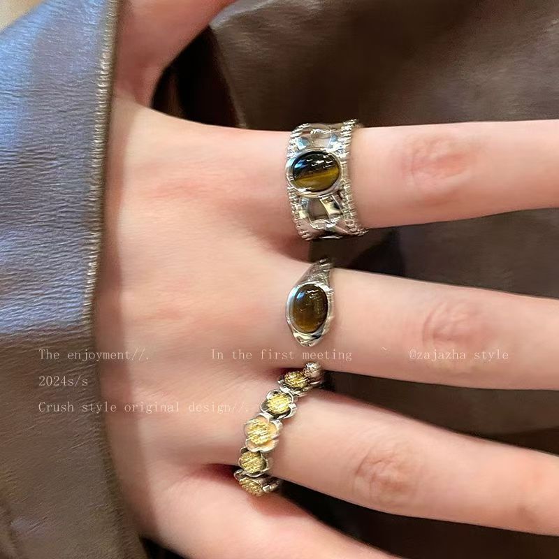 Maillard Tiger Eye Stone Adjustable Open Ring For Women, Minimalist Design Index Finger Ring, Vintag