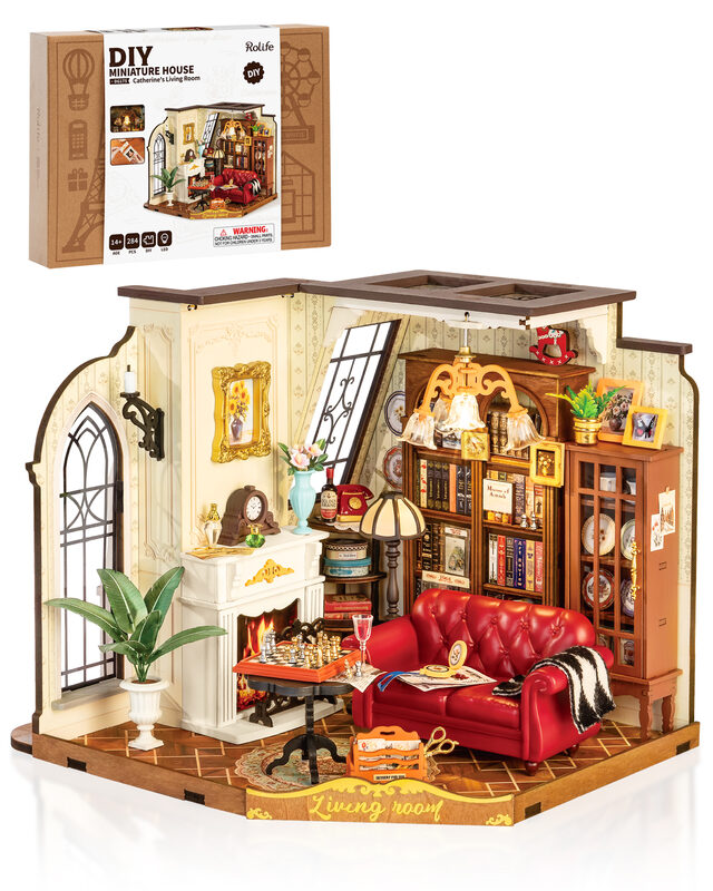 Rolife Catherine's Vintage Living Room Miniature DIY Kit, 284-Piece 3D Dollhouse Model With Classic