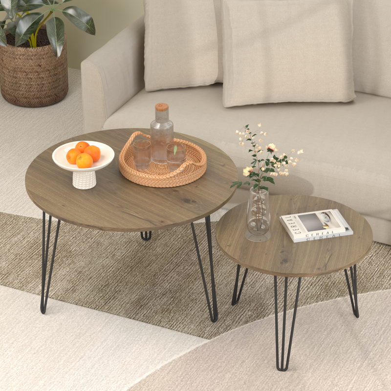 27.56 Round Nesting Coffee Table Set Of 2, Circular Nesting End Table Set, Round Wooden Tabletop, An
