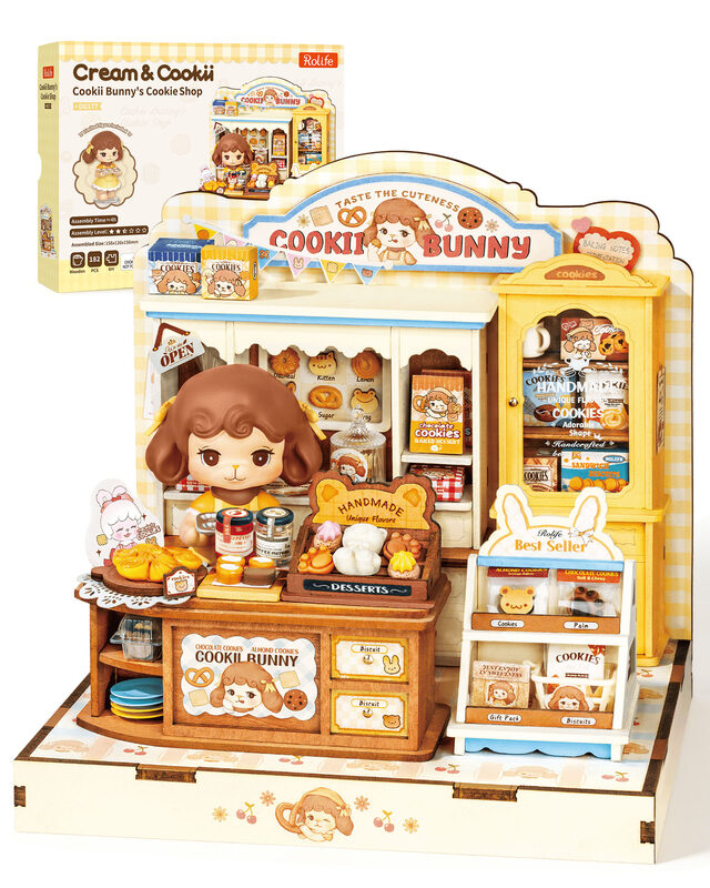 Rolife Cookii Rabbit's Biscuit Shop Mini DIY House Kit, 182-Piece Wooden Bakery Dollhouse, No Glue R