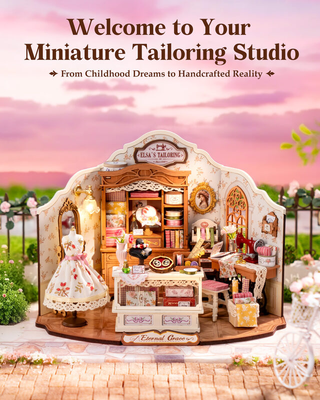 Rolife Elsa's Tailor Shop Mini Dollhouse Set, 266 Pieces DIY French Vintage Tailor Shop Dollhouse Wi