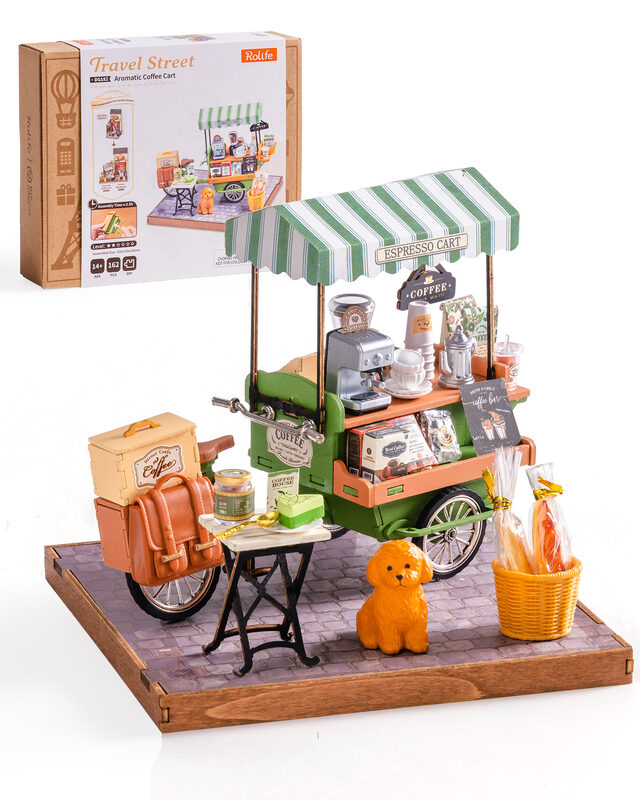 Rolife Coffee Cart Mini DIY Kit, 290-piece 3D Wooden Dollhouse Model, European