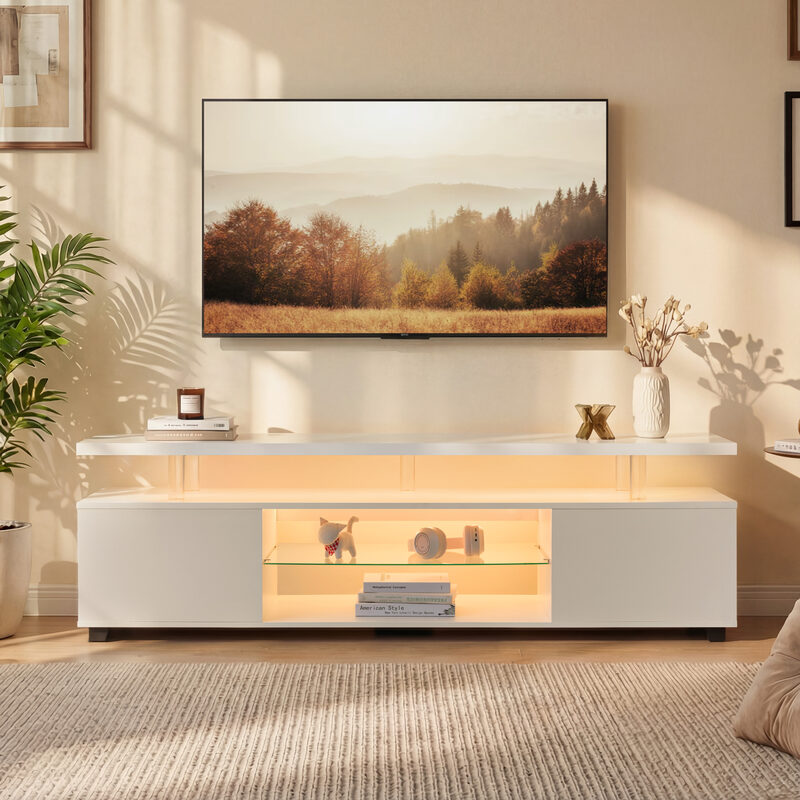 TV Stand For 70 Inch TV LED Gaming Entertainment Center Media Storage Console Table With Large Side