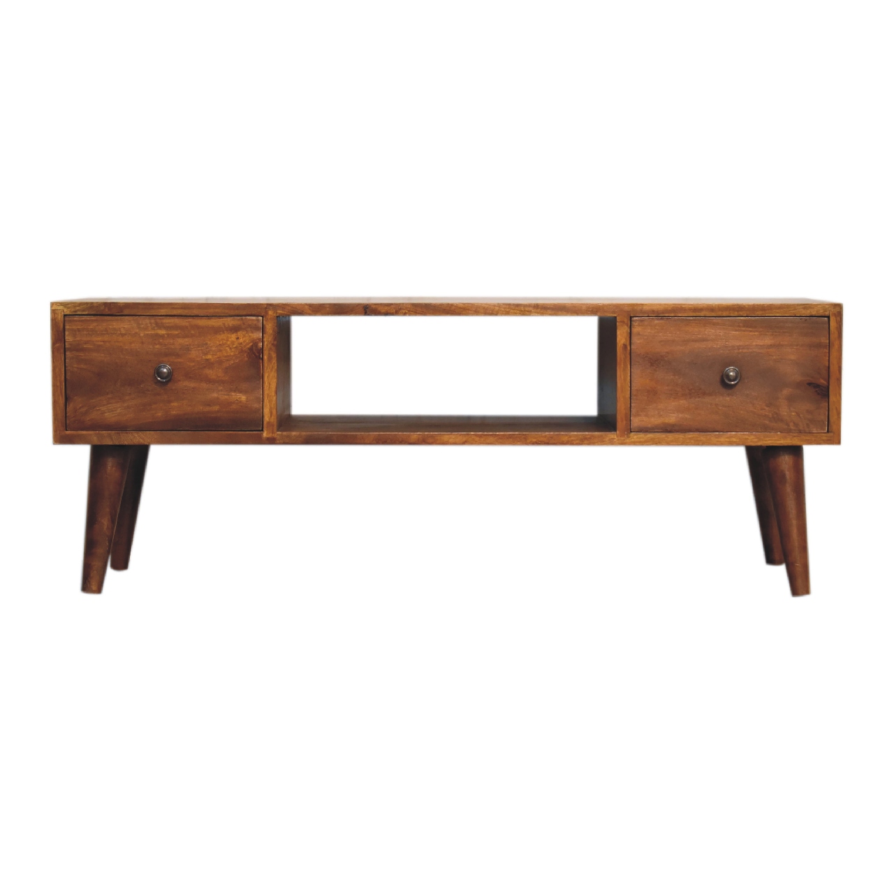 Solid Wood Classic Chestnut Coffee Table, 2 Drawers, 1 Open Slot, Dark Brown