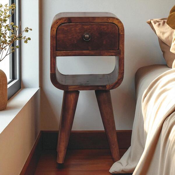Solid Wood Extra Mini Chestnut Curve Lower Bedside, 1 Drawer, 1 Open Slot, Dark Brown