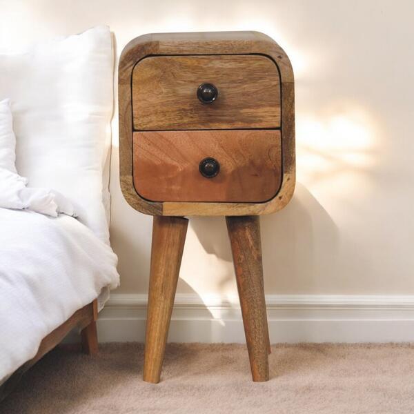 Solid Wood Extra Mini Curved Oak-ish Bedside, 2 Drawers, Brown
