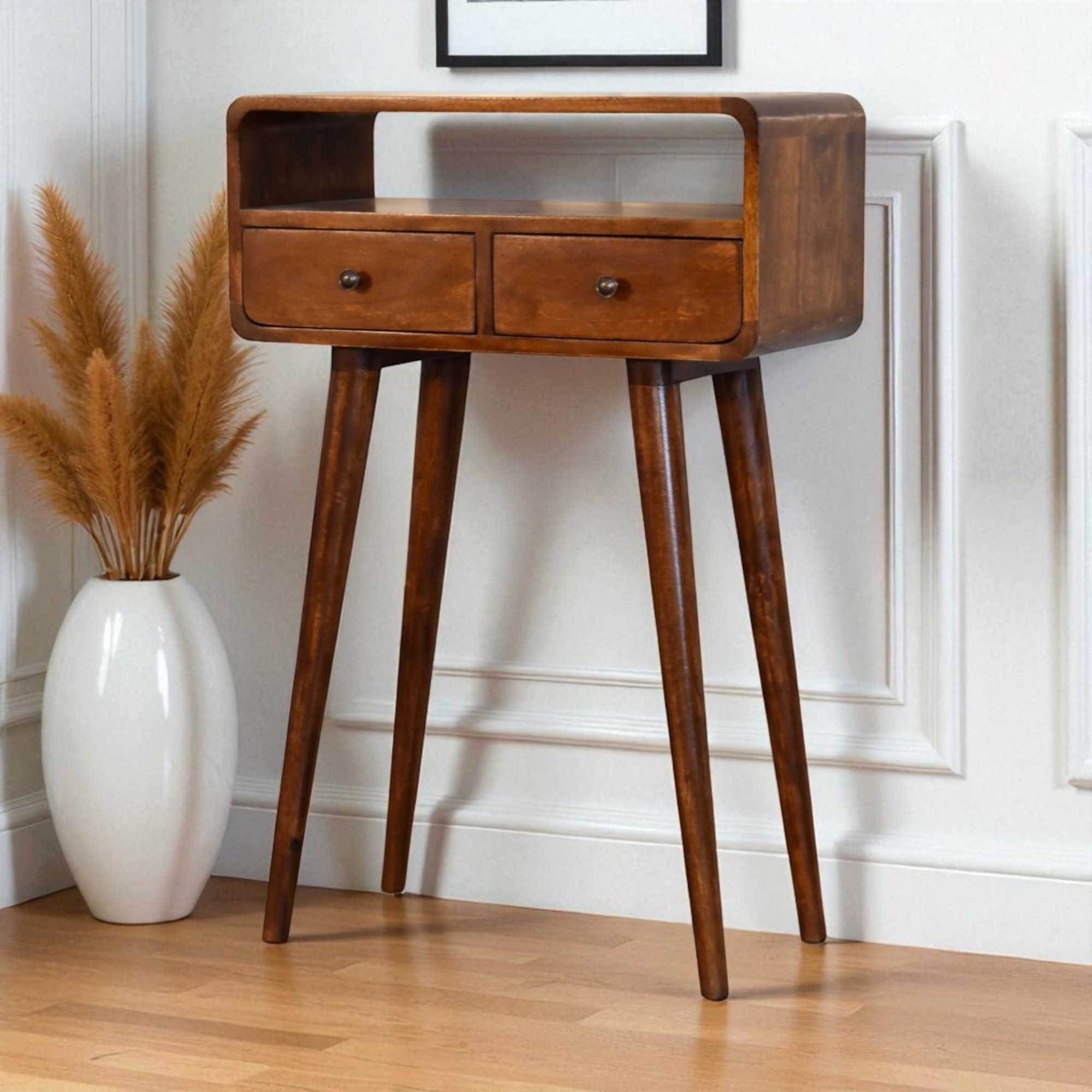 Solid Wood Mini Chestnut Console Table, 2 Drawers And Open Slot, Dark Brown