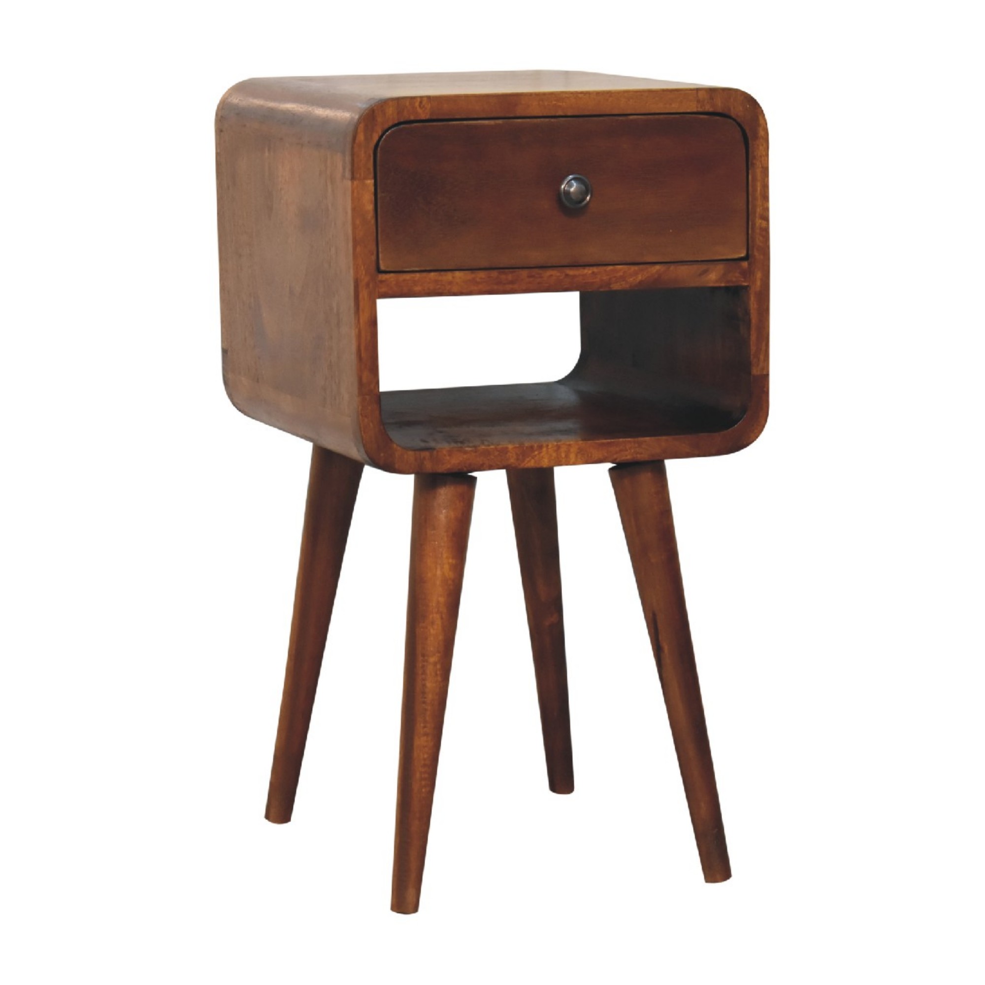 Solid Wood Mini Chestnut Curve Lower Bedside, 1 Drawer And Open Slot, Dark Brown