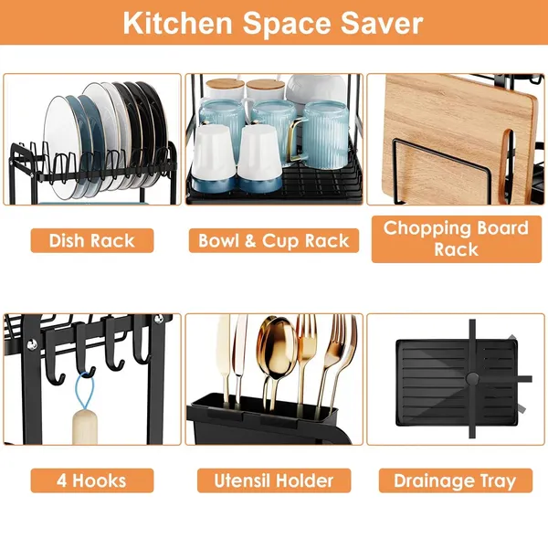 Black Flat Iron Plate And Bowl Rack With Cup Holder For Kitchen Storage